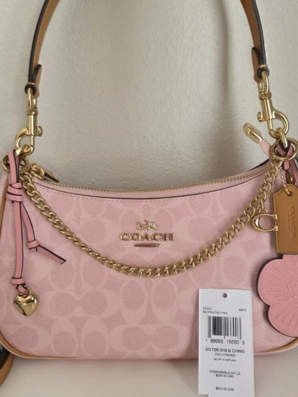 Coach Teri Shoulder Bag Signature Canvas With Charms Gold/Powder Pink CEA20 - Picture 2 of 6